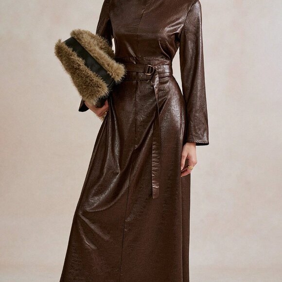 Brown Bohemian Women's Maxi Dress with Round Neck, Cinched Waist, Belt Detail - Picture 3 of 6